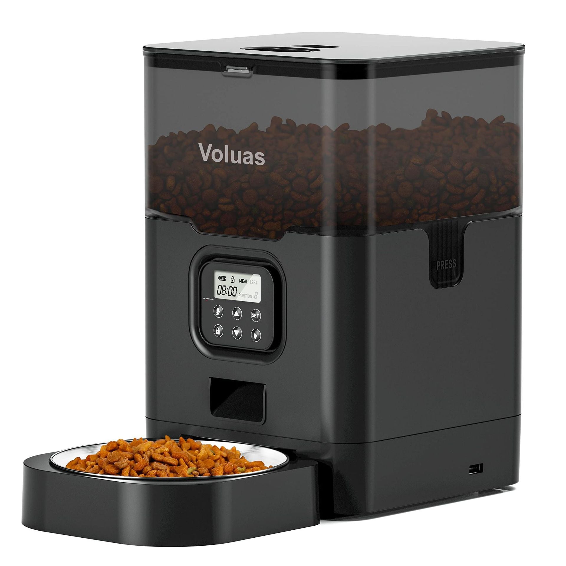 Automatic pet feeder with dual power supply showcasing a digital timer and dry kibble storage.