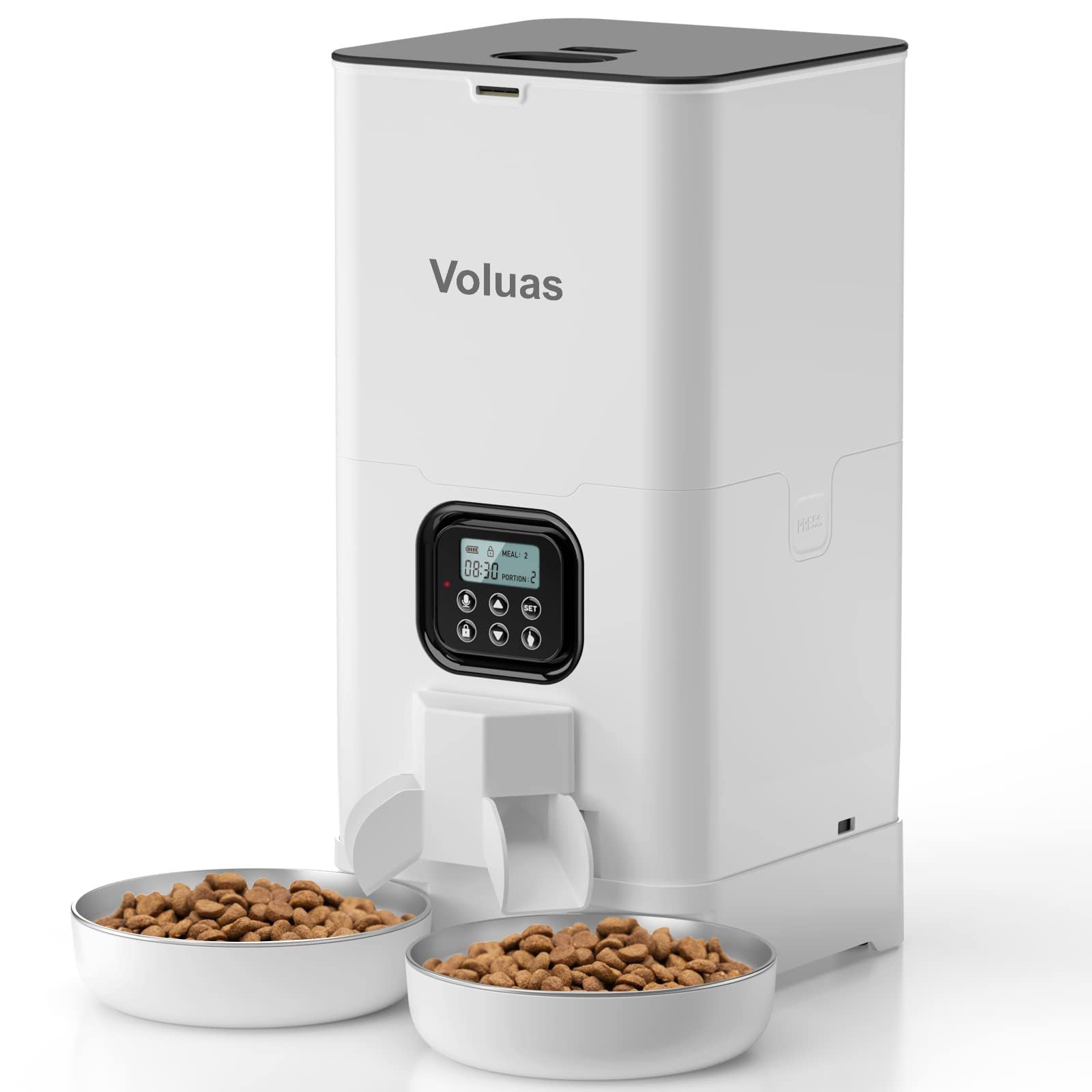 Automatic pet feeder with dual power supply showcasing a digital timer and dry kibble storage.