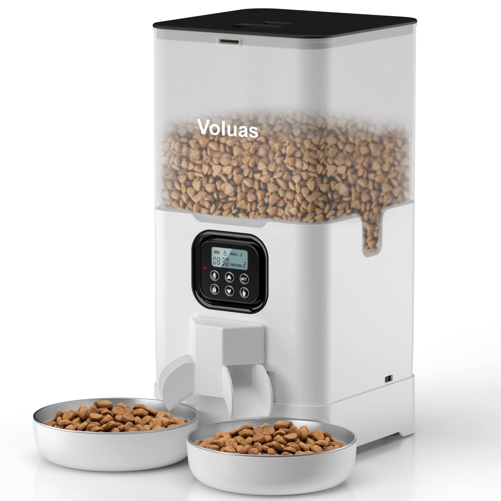 Automatic pet feeder with dual power supply showcasing a digital timer and dry kibble storage.