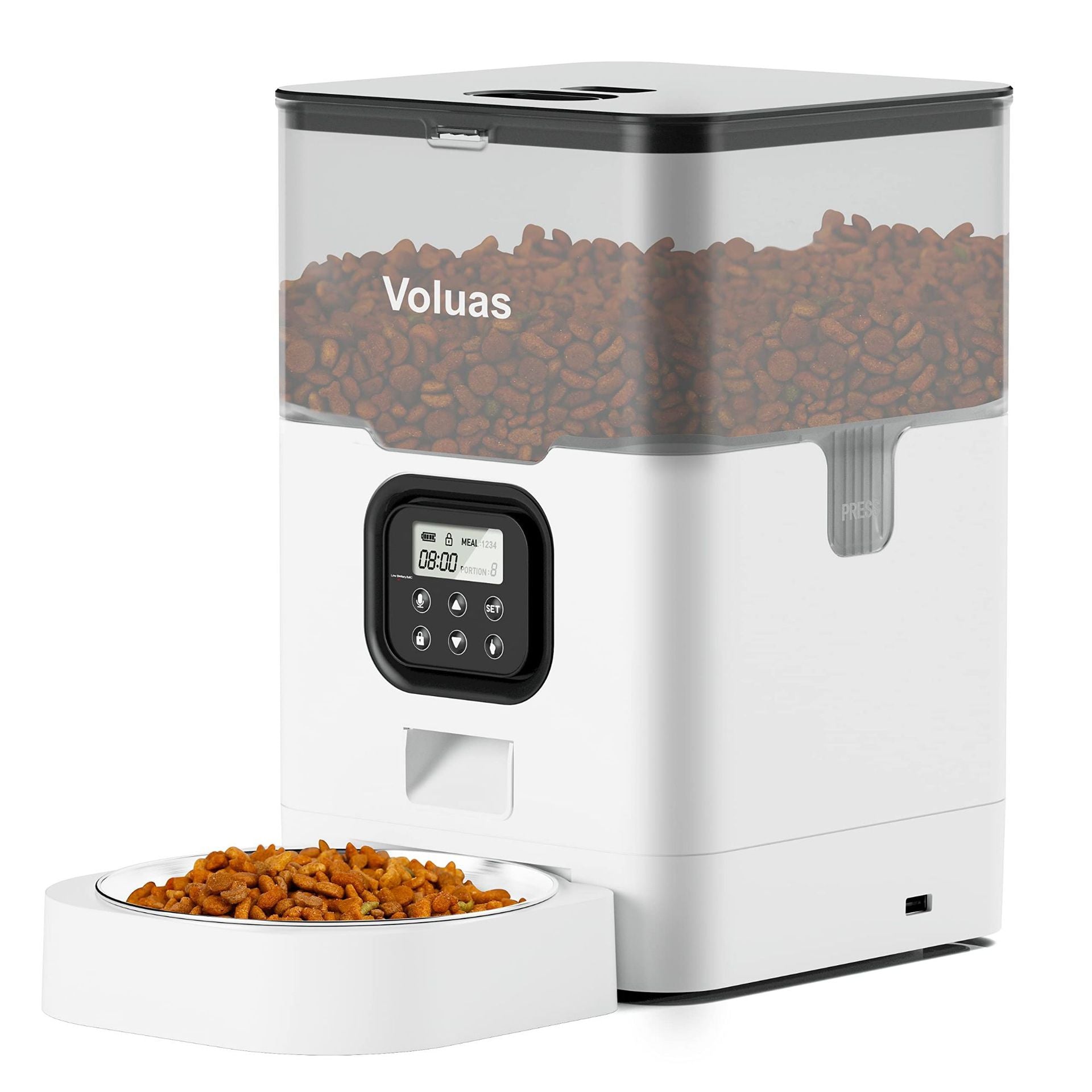 Automatic pet feeder with dual power supply showcasing a digital timer and dry kibble storage.
