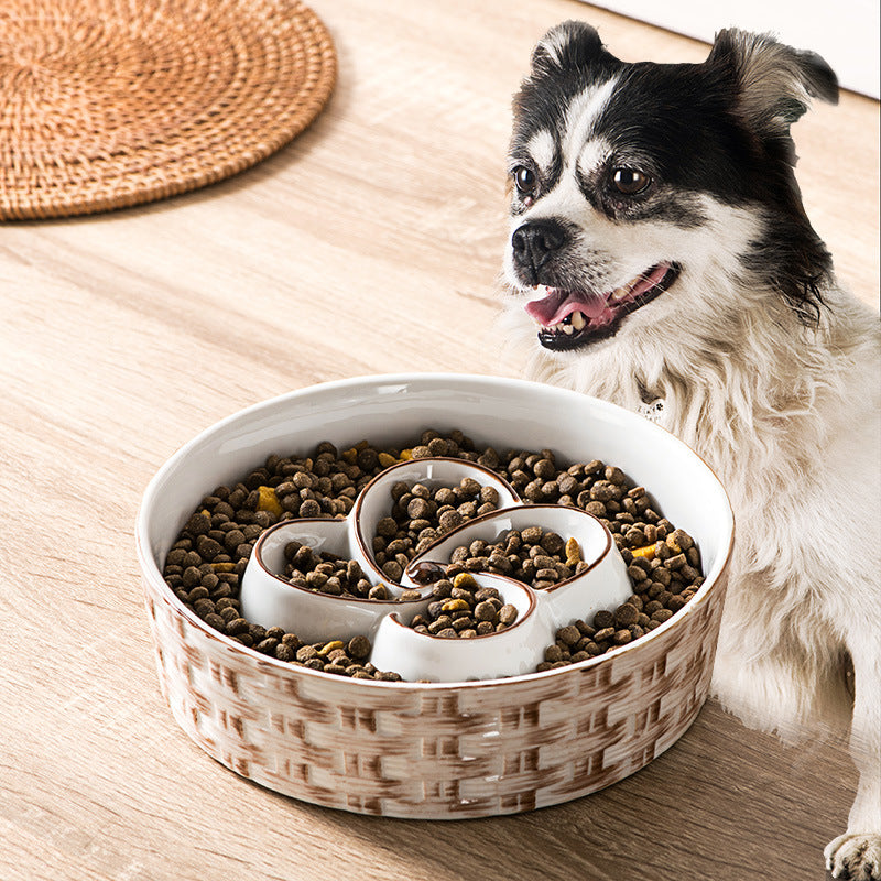Ceramic slow feeder dog bowl with maze design